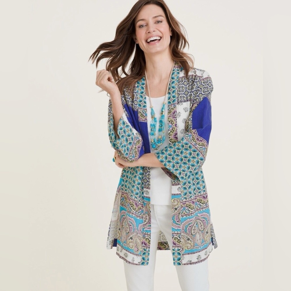 Chico’s Linen Open Front Kimono Jacket Boho Paisley Patchwork Print Size L 12/14